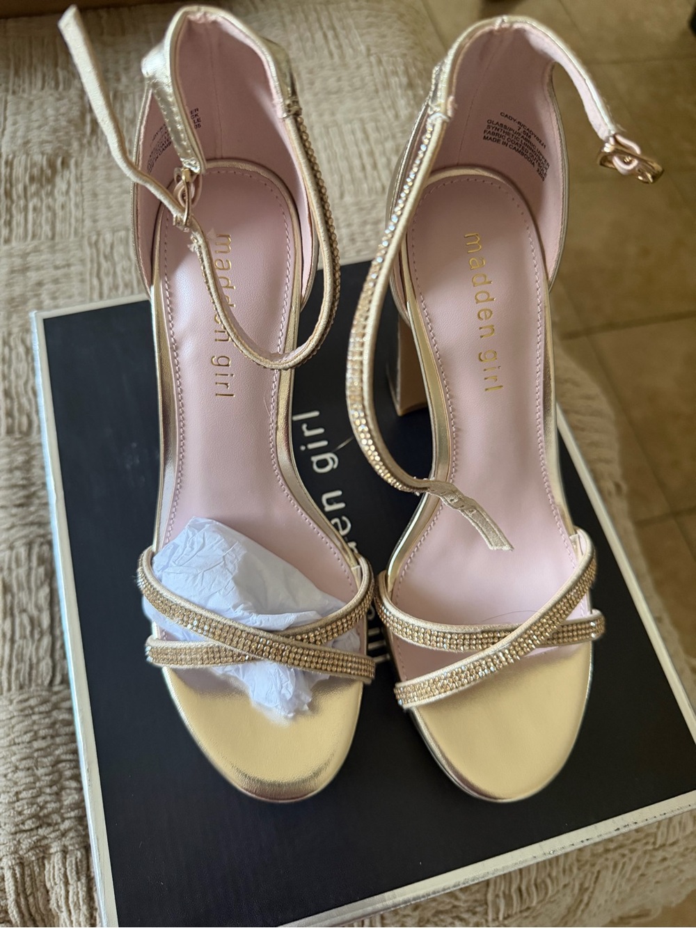 Madden Girl Metallic Gold Rhinestone Strappy Block Heels